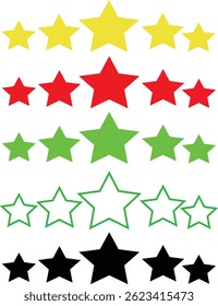 5-star review rating template with transparent background. A set of feedback symbols showing five stars in four different styles: outline, black, gold, and transparent. Quality rating icons 