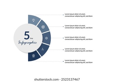 Modelo de Infográfico de Círculo de 5 Etapas com ícone: Design de Rótulo de Vetor para Diagramas de Processo, Apresentações, Layouts de Fluxo de Trabalho, Banners, Gráficos de Informações Profissionais e Visuais de Negócios