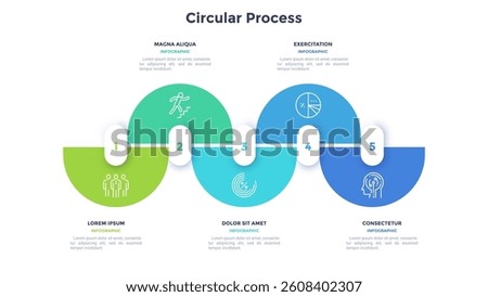 5-Step circular business process infographic template for presentation slide, workflow layout, diagram with options, business strategy, roadmap, and data planning. Vector illustration