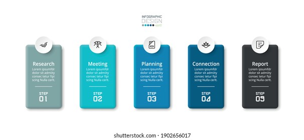 Presentación y explicación de 5 pasos de planes de negocio, planes de marketing e informes de estudio por infografía cuadrada vectorial.