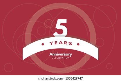 5th anniversary. 5 years logotype with white ribbon isolated on red background, vector design for birthday celebration, greeting card and invitation card.