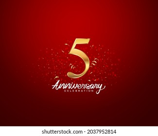 5th anniversary background with 3D number illustration golden numbers and Anniversary Celebration text with golden confetti on red background.