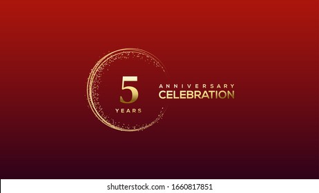 5th Anniversary background with an illustration of gold Colored figures with a circular glitter on a red background.