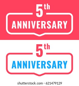 5th Anniversary. Badge Icon, Logo. Flat Vector Illustration On White And Red Background. Can Be Used For Birthday, Wedding Or Company Event.