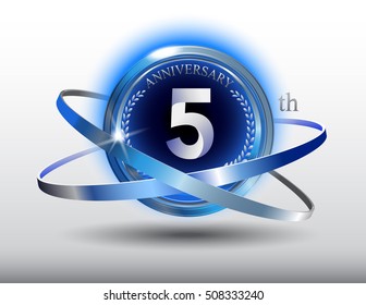 5th anniversary with blue ring and laurel on white background