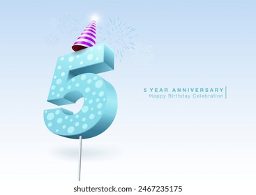 5th anniversary celebration. 3D number 5 wearing a party hat, sparkling fireworks background. Used for birthdays, weddings, company anniversaries. Vector illustration file.