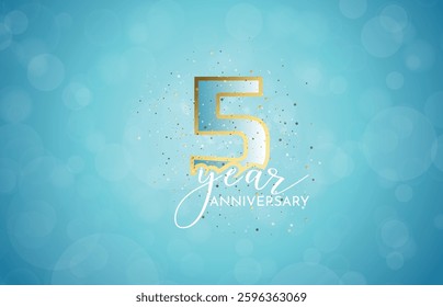 5th Anniversary celebration, 5 Anniversary celebration, Light Blue background, greeting and invitation card, festive illustration, Golden Blue Number, 5 sparkling confetti, 5,6