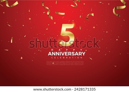 5th Anniversary celebration, 5 Anniversary celebration On Red background for celebration event, festive illustration, Golden number 5 sparkling confetti, 5,6