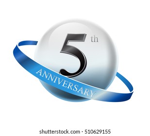 5th anniversary celebration with blue ring on white isolated background