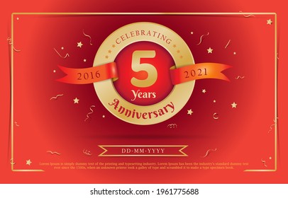 5th Anniversary Celebration. Celebrating 5 Years Logo With Confetti In Blue Background. Golden Number 5 With Sparkling Confetti. 