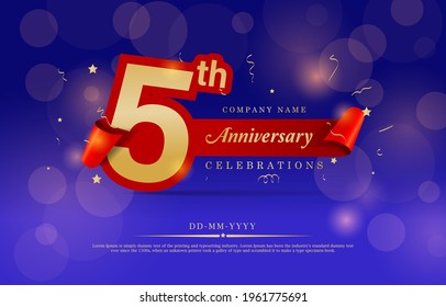 5th Anniversary celebration. Celebrating 5 years logo with confetti in Blue Background. Golden number 5 with sparkling confetti. 