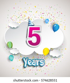 5th Anniversary Celebration Design, with clouds and balloons, confetti. Vector template elements for your, five years birthday celebration party.