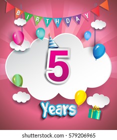 5th Anniversary Celebration Design, with clouds and balloons. using Paper Art Design Style, Vector template elements for your, five years birthday celebration party.