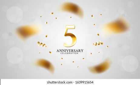 5th anniversary celebration with gold color and white background bokeh effects and sparkling confetti. modern elegant design can be used for a wedding or company. editable vector EPS 10