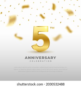 5th anniversary celebration with gold glitter color and white background. Vector design for celebrations, invitation cards and greeting cards.