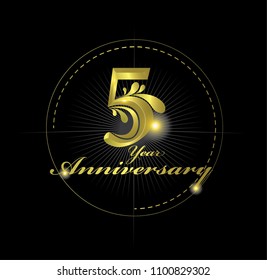 5th Anniversary Celebration. Golden Anniversary Logo with elements isolated on black background, vector design for celebration, invitation cards, and greeting cards