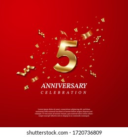 5th Anniversary celebration. Golden number 5 with sparkling confetti, stars, glitters and streamer ribbons on red background. Vector festive illustration. Birthday or wedding party event decoration