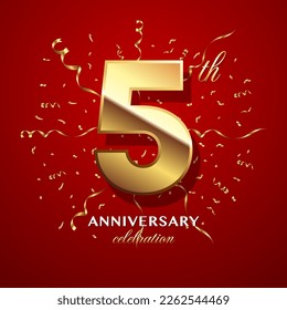 5th Anniversary Celebration. logo design with golden numbers and text for birthday celebration event, invitation, wedding, greeting card, banner, poster, flyer, brochure. Logo Vector Template