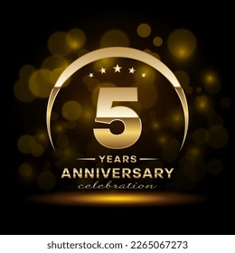 5th Anniversary Celebration. Logo design with golden ring and text for anniversary celebration event, invitation, wedding, greeting card, banner, poster, flyer, brochure. Logo Vector Template
