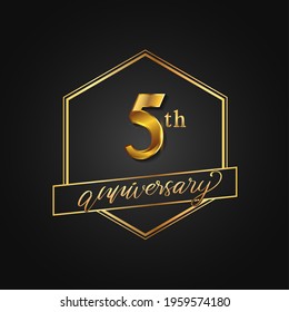 5th Anniversary Celebration. Anniversary logo with hexagon and elegance golden color isolated on black background, vector design for celebration, invitation card, and greeting card