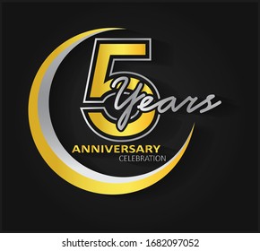 5th anniversary celebration. Anniversary logo with ring silver and gold color isolated on black background, vector design for celebration, invitation card, and greeting card