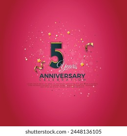 5th Anniversary celebration, anniversary logotype, 5 Anniversary celebration, Realistic 3d sign, stars, festive illustration, Pink background with Dark Blue number 5,6