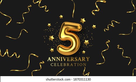 5th Anniversary celebration. Number in the form of golden balloons. Realistic 3d gold numbers and sparkling confetti, serpentine. Horizontal template for Birthday or wedding event. Vector illustration