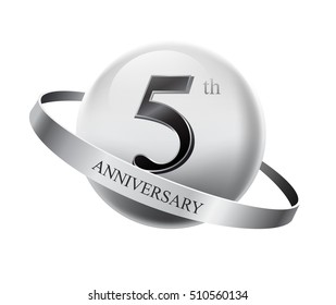 5th anniversary celebration with silver ring on white isolated background