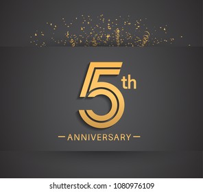 5th anniversary design for company celebration event with golden multiple line and confetti isolated on dark background 
