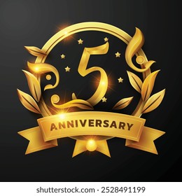 5.º diseño de aniversario de una cinta de oro y la hoja de oro Decorado alrededor del número '5' sobre un fondo negro. Perfecto para celebrar hitos o promover eventos de aniversario con un lujo.