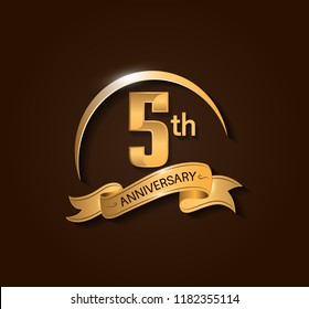 5th Anniversary design logotype. Anniversary logo design with swoosh and elegance golden ribbon. Vector template for use celebration, invitation card, and greeting card
