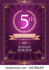 5TH Anniversary elegant golden colored logo with golden ribbon and floral ornament framed in Laurel wreath isolated on purple background, vector design for celebration, invitation, greeting card. 