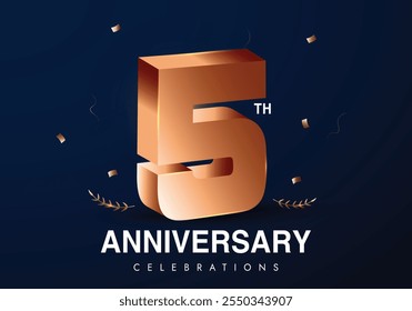 5th anniversary. Fifth Anniversary celebration banner with 3D number: 5 in bronze colour. 5 Years of growth, memories celebration banner for couples, business. Confetti with blue background.