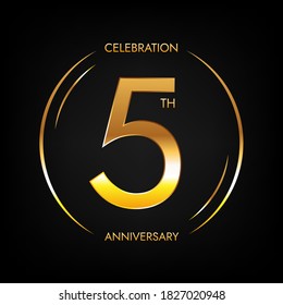 5th anniversary. Five years birthday celebration banner in bright golden color. Circular logo with elegant number design.