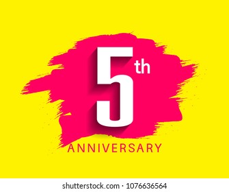 5th anniversary flat design pink brush on yellow background for celebration event 