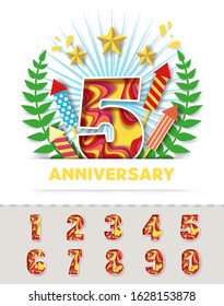 5th anniversary invitation greeting card vector template. Laurel wreath, party celebration items such as firework crackers, stars and layered paper cut style numerals from 0 to 9.