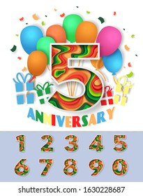 5th anniversary invitation greeting card vector template. Party celebration items such as balloons, gift boxes, confetti and layered paper cut style numerals from 0 to 9.