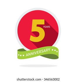 5th Anniversary Logo Badge Template With Shadow Number 5 (five). 5 Years Birthday Flat Icon. Five Years Party Symbol. Fifth Anniversary Vector , Sticker, Ribbon, Banner, Poster, Logotype, Emblem, Tag