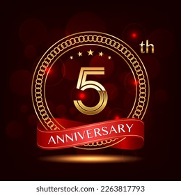 5th Anniversary logo design with golden number and red ribbon for anniversary celebration event, invitation, wedding, greeting card, banner, poster, flyer, brochure, book cover. Logo Vector Template