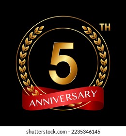 5th Anniversary. Anniversary Logo Design with Laurel Wreath and Red Ribbon for Celebration Event, Wedding, Invitation, Greeting Card. Logo Vector Illustration