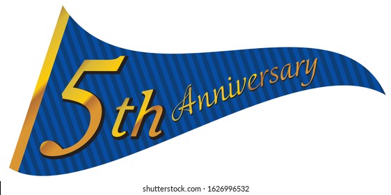 5th anniversary logo design with triangular blue flag, real illustration  fluttering in the wind