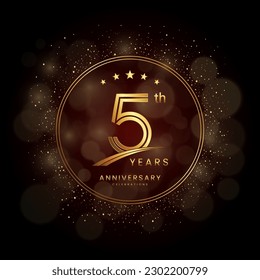 5th anniversary logo with gold double line style decorated with glitter and confetti Vector EPS 10