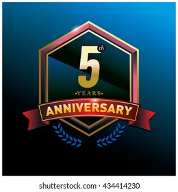 5th anniversary logo with gold ring and red ribbon. Anniversary signs illustration. Gold anniversary logo design and illustration