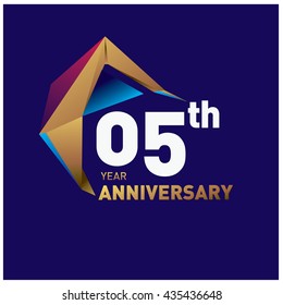 5th anniversary logo with gold shape modern looks. Anniversary signs illustration. Gold anniversary logo design and illustration