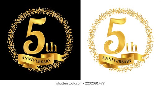 5th Anniversary logo with golden color, ribbon, and circle sparkle, elegant anniversary logo vector design for greeting card