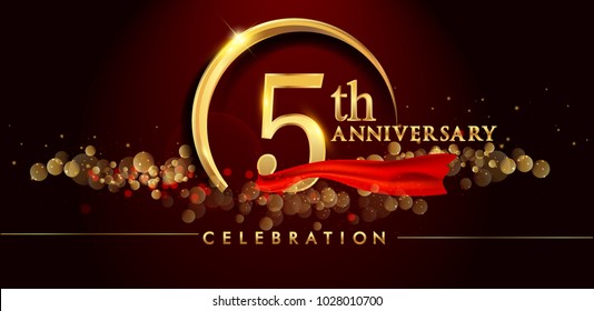 5th anniversary logo with golden ring, confetti and red ribbon isolated on elegant black background, sparkle, vector design for greeting card and invitation card