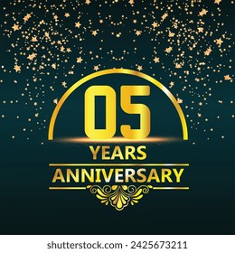 5th anniversary logo with golden ring, confetti and red ribbon isolated on elegant black background, sparkle, vector design for greeting card and invitation card