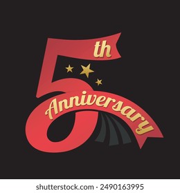 5th anniversary logo with modern luxury text and red ribbon concept.  5 years anniversary celebration banner, poster, greeting card. 5th birthday template, badge, label. Vector illustration.