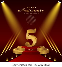 5th anniversary logo with numbers and podium in gold color, logo design for celebration event, invitation, greeting card, banner, poster, and flyer, vector template