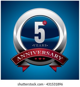5th anniversary logo with red ribbon. Anniversary signs illustration. Silver anniversary logo with red ribbon and circle ring